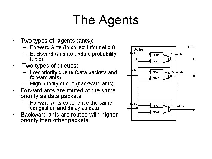 The Agents • Two types of agents (ants): – Forward Ants (to collect information)