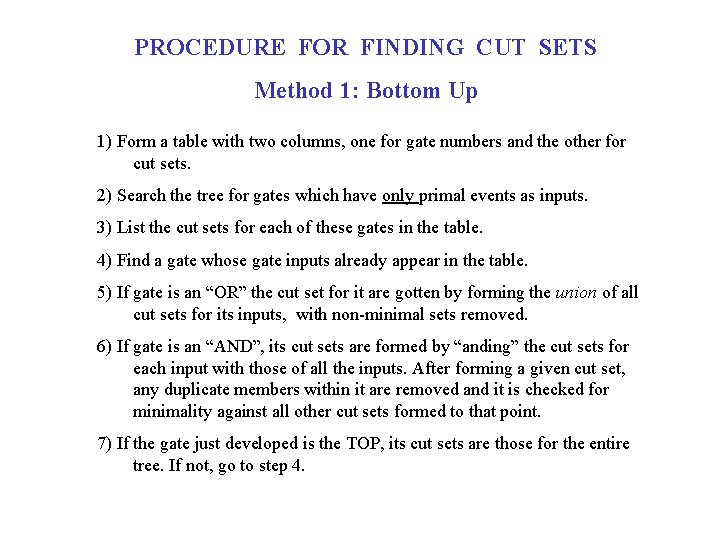 PROCEDURE FOR FINDING CUT SETS Method 1: Bottom Up 1) Form a table with