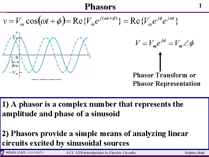 Phasors 1 Phasor Transform or Phasor Representation 1) A phasor is a complex number