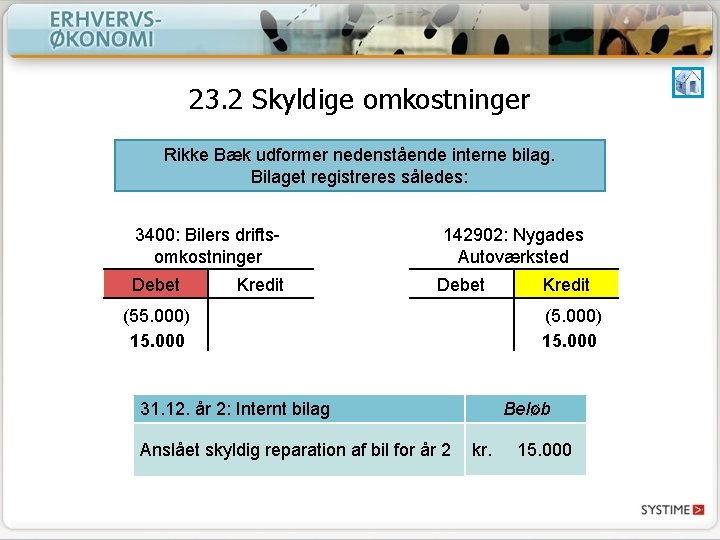 23. 2 Skyldige omkostninger Rikke Bæk udformer nedenstående interne bilag. Bilaget registreres således: 3400: