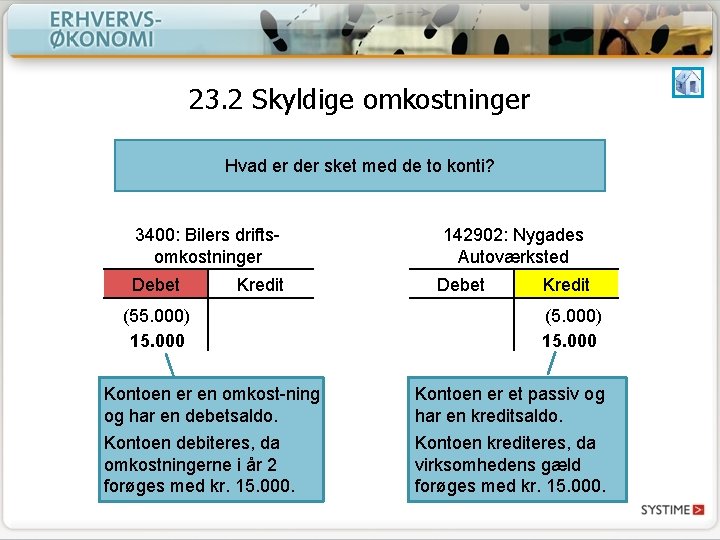 23. 2 Skyldige omkostninger Hvad er der sket med de to konti? 3400: Bilers