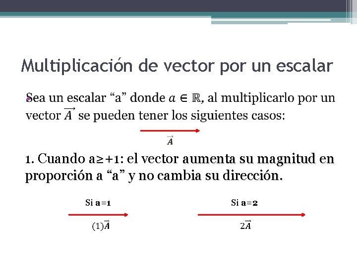 Multiplicación de vector por un escalar • 1. Cuando a≥+1: el vector aumenta su