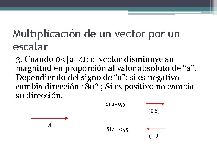 Multiplicación de un vector por un escalar 3. Cuando 0<|a|<1: el vector disminuye su