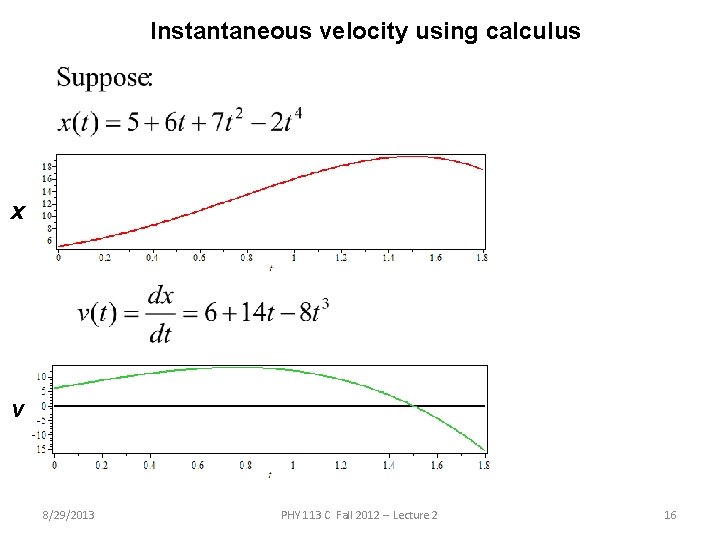 Instantaneous velocity using calculus x v 8/29/2013 PHY 113 C Fall 2012 -- Lecture