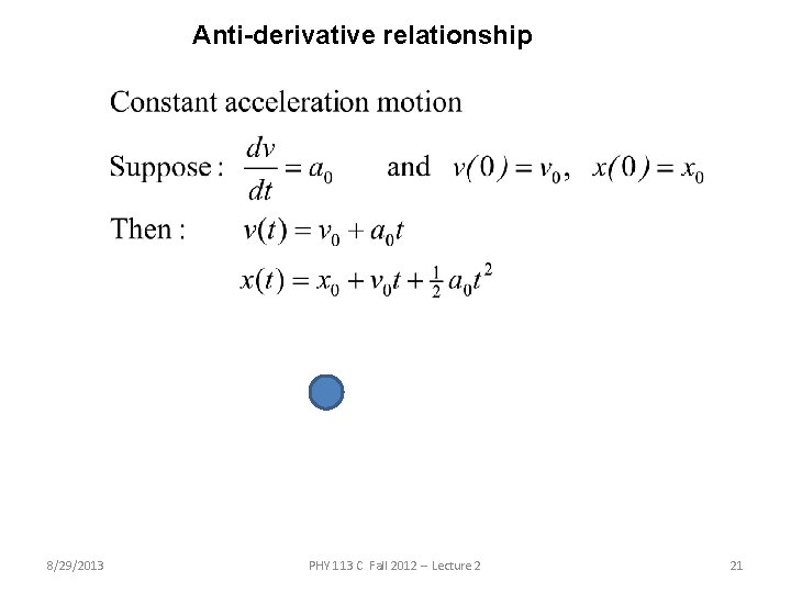 Anti-derivative relationship 8/29/2013 PHY 113 C Fall 2012 -- Lecture 2 21 