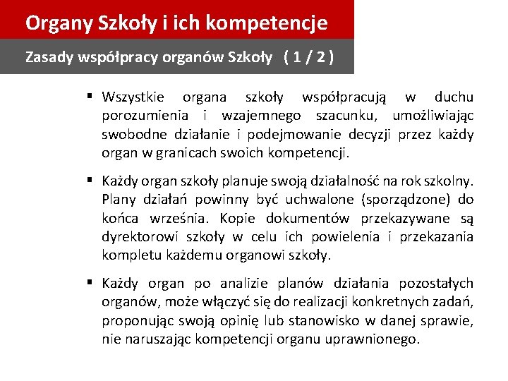 Organy Szkoły i ich kompetencje Zasady współpracy organów Szkoły ( 1 / 2 )