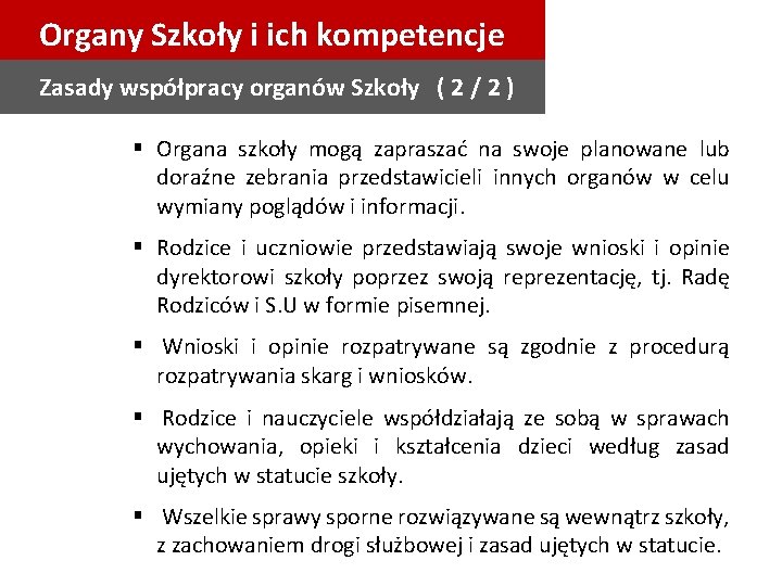 Organy Szkoły i ich kompetencje Zasady współpracy organów Szkoły ( 2 / 2 )