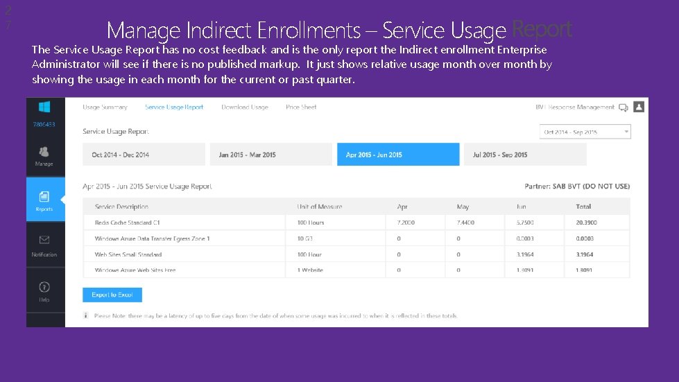 2 7 Manage Indirect Enrollments – Service Usage The Service Usage Report has no 2 7 Manage Indirect Enrollments – Service Usage The Service Usage Report has no