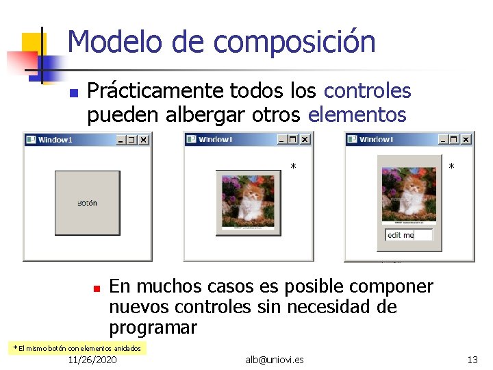 Modelo de composición Prácticamente todos los controles pueden albergar otros elementos * * En