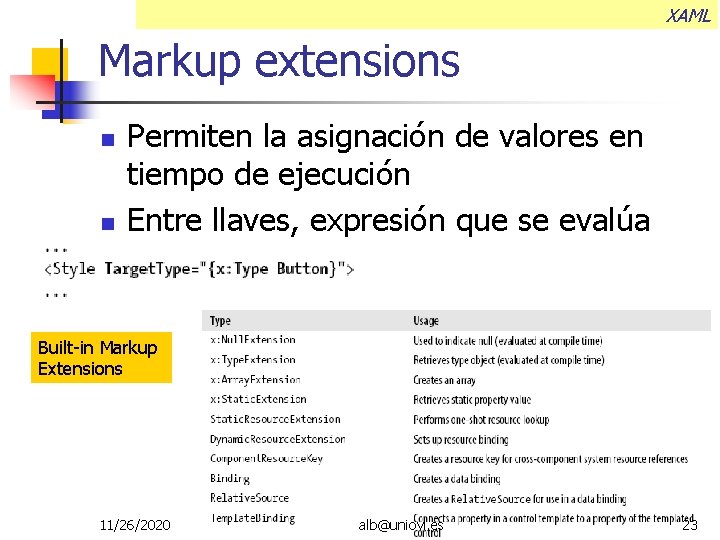 XAML Markup extensions Permiten la asignación de valores en tiempo de ejecución Entre llaves,