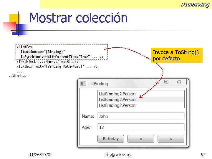 Data. Binding Mostrar colección Invoca a To. String() por defecto 11/26/2020 alb@uniovi. es 67