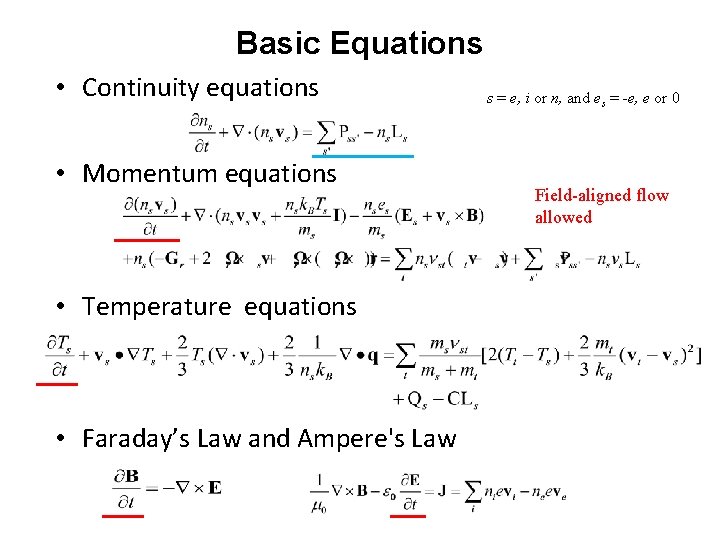 Basic Equations • Continuity equations • Momentum equations • Temperature equations • Faraday’s Law Basic Equations • Continuity equations • Momentum equations • Temperature equations • Faraday’s Law