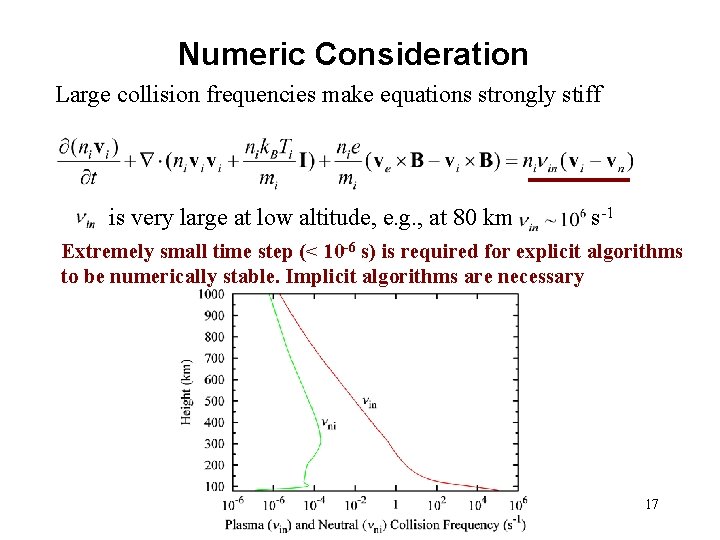 Numeric Consideration Large collision frequencies make equations strongly stiff is very large at low Numeric Consideration Large collision frequencies make equations strongly stiff is very large at low