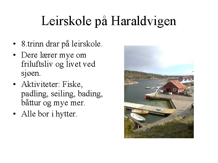 Leirskole på Haraldvigen • 8. trinn drar på leirskole. • Dere lærer mye om