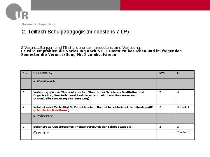 2. Teilfach Schulpädagogik (mindestens 7 LP) 2 Veranstaltungen sind Pflicht, darunter mindestens eine Vorlesung.