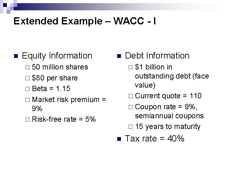 Extended Example – WACC - I n Equity Information n ¨ 50 million shares