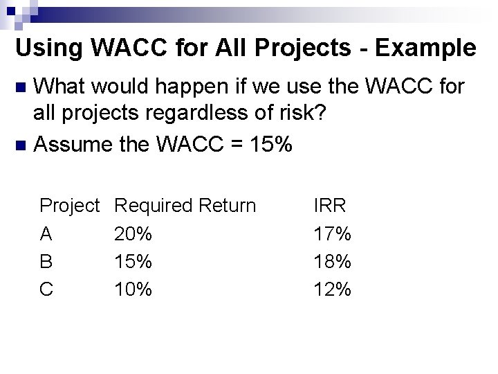 Using WACC for All Projects - Example What would happen if we use the