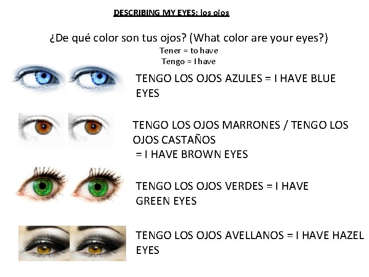 DESCRIBING MY EYES: los ojos ¿De qué color son tus ojos? (What color are