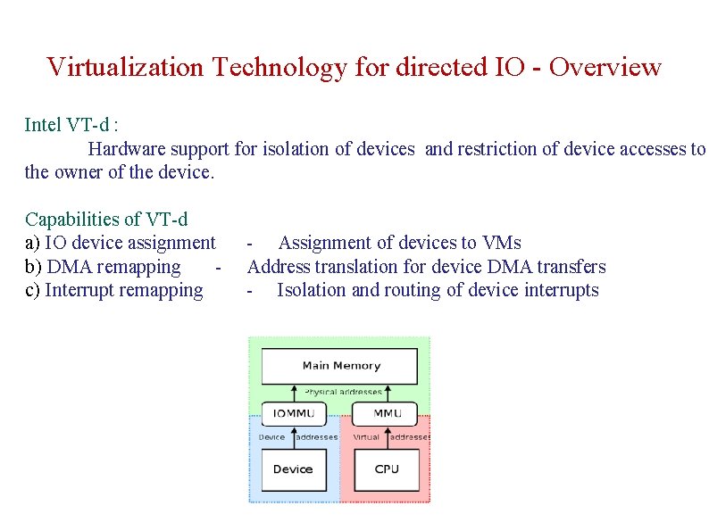 Virtualization Technology for directed IO - Overview Intel VT-d : Hardware support for isolation