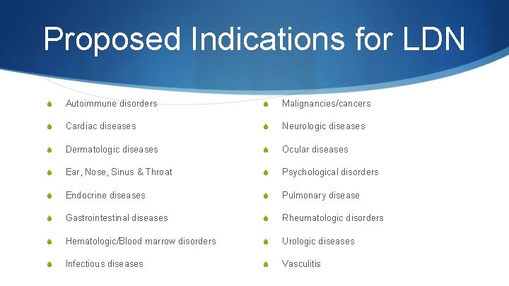 Proposed Indications for LDN S Autoimmune disorders S Malignancies/cancers S Cardiac diseases S Neurologic