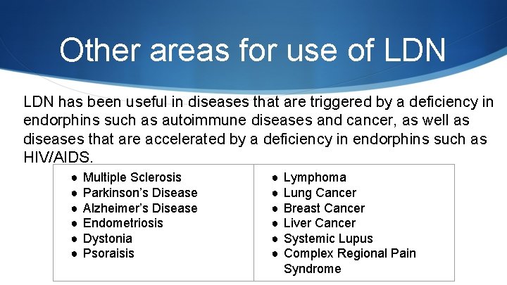 Other areas for use of LDN has been useful in diseases that are triggered