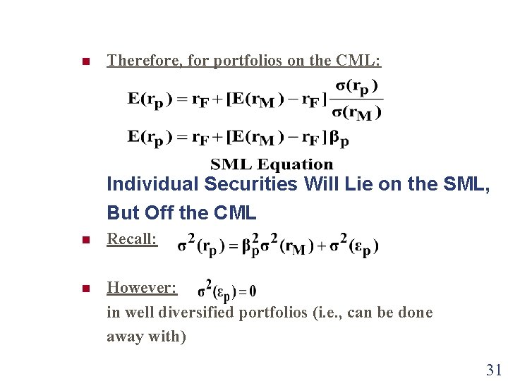 n Therefore, for portfolios on the CML: Individual Securities Will Lie on the SML, n Therefore, for portfolios on the CML: Individual Securities Will Lie on the SML,