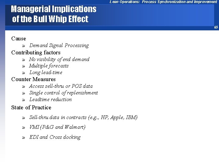 Managerial Implications of the Bull Whip Effect Lean Operations: Process Synchronization and Improvement 65