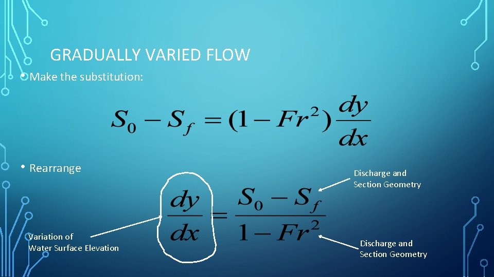 GRADUALLY VARIED FLOW • Make the substitution: • Rearrange Variation of Water Surface Elevation