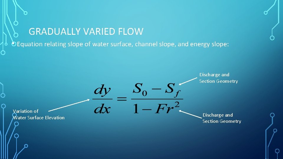 GRADUALLY VARIED FLOW • Equation relating slope of water surface, channel slope, and energy