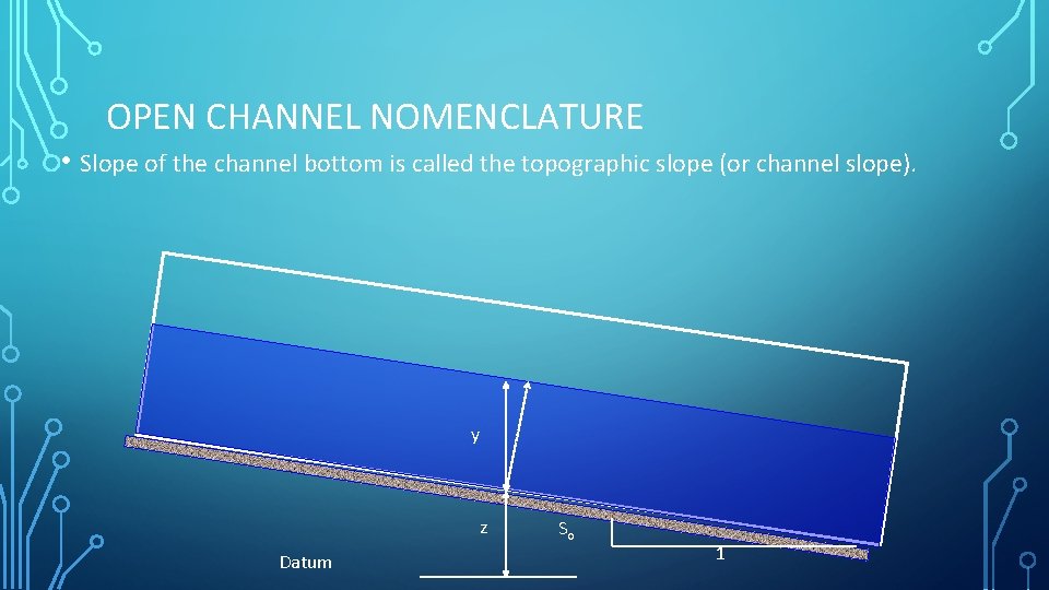 OPEN CHANNEL NOMENCLATURE • Slope of the channel bottom is called the topographic slope