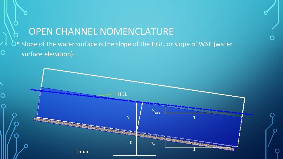 OPEN CHANNEL NOMENCLATURE • Slope of the water surface is the slope of the