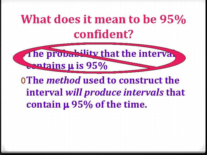 What does it mean to be 95% confident? 0 The probability that the interval