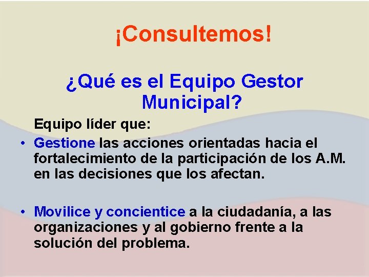 ¡Consultemos! ¿Qué es el Equipo Gestor Municipal? Equipo líder que: • Gestione las acciones