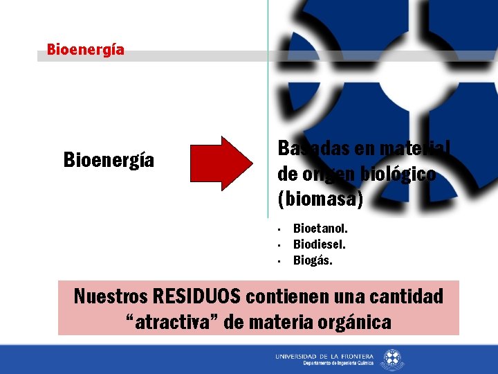 Bioenergía Basadas en material de origen biológico (biomasa) • • • Bioetanol. Biodiesel. Biogás.