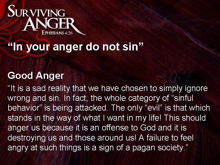 “In your anger do not sin” Good Anger “It is a sad reality that