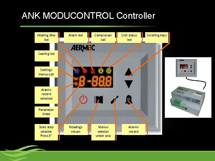 ANK MODUCONTROL Controller Unit Terminal Heating dhw led Alarm led Compressor call Readings values
