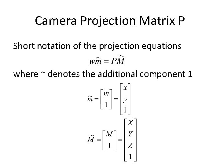 Camera Projection Matrix P Short notation of the projection equations where ~ denotes the