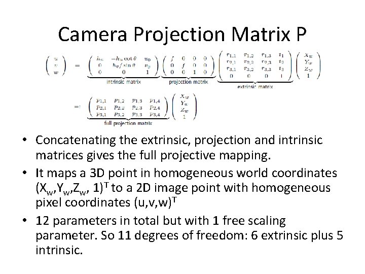 Camera Projection Matrix P • Concatenating the extrinsic, projection and intrinsic matrices gives the