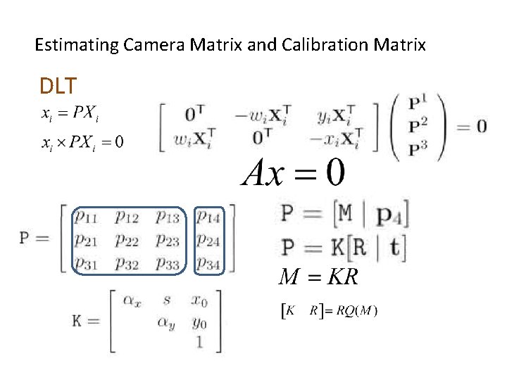 Estimating Camera Matrix and Calibration Matrix DLT 