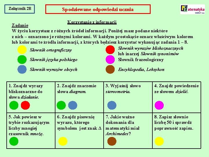 Załącznik 2 B Spodziewane odpowiedzi ucznia Korzystanie z informacji Zadanie W życiu korzystasz z