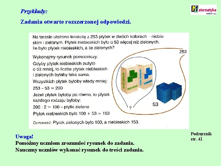 Przykłady: Zadania otwarte rozszerzonej odpowiedzi. Uwaga! Pomóżmy uczniom zrozumieć rysunek do zadania. Nauczmy uczniów