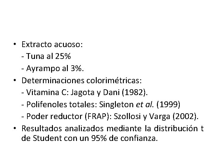  • Extracto acuoso: - Tuna al 25% - Ayrampo al 3%. • Determinaciones