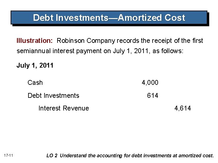 Debt Investments—Amortized Cost Illustration: Robinson Company records the receipt of the first semiannual interest