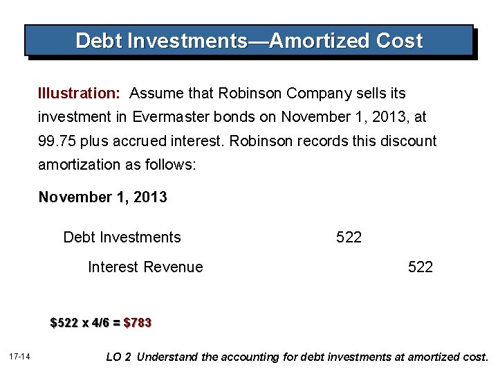 Debt Investments—Amortized Cost Illustration: Assume that Robinson Company sells its investment in Evermaster bonds