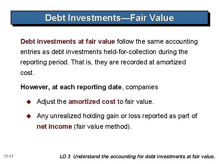 Debt Investments—Fair Value Debt investments at fair value follow the same accounting entries as
