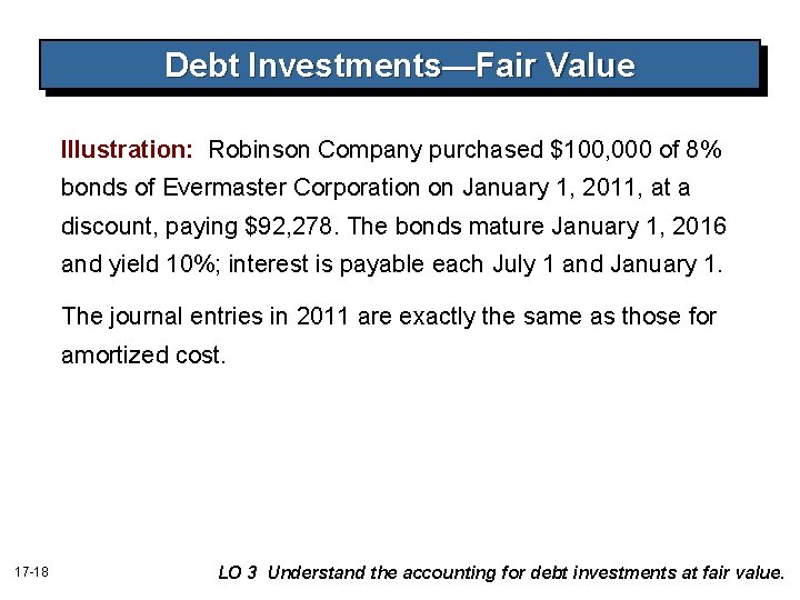 Debt Investments—Fair Value Illustration: Robinson Company purchased $100, 000 of 8% bonds of Evermaster