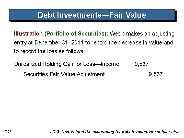 Debt Investments—Fair Value Illustration (Portfolio of Securities): Webb makes an adjusting entry at December