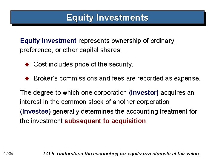 Equity Investments Equity investment represents ownership of ordinary, preference, or other capital shares. u