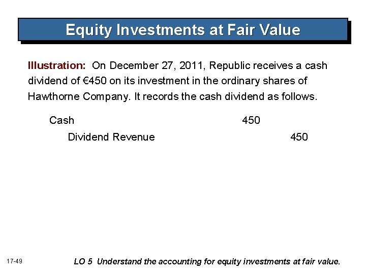 Equity Investments at Fair Value Illustration: On December 27, 2011, Republic receives a cash