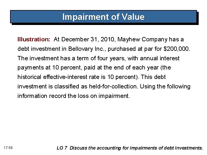 Impairment of Value Illustration: At December 31, 2010, Mayhew Company has a debt investment